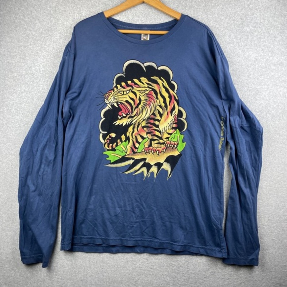 Vintage Ed Hardy Shirt Men XXL Blue Y2K Tiger LS Tattoo Christian Audigier 2000